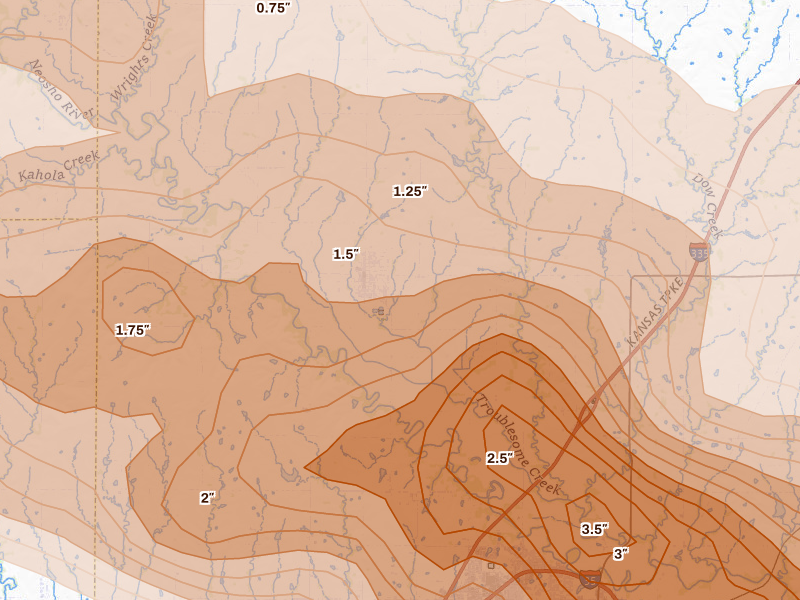 Radar-estimated hail-size map of the storm over Americus, KS on Aug 5, 2026