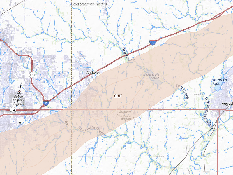 Radar-estimated hail-size map of the storm over Andover, KS on Apr 3, 2026