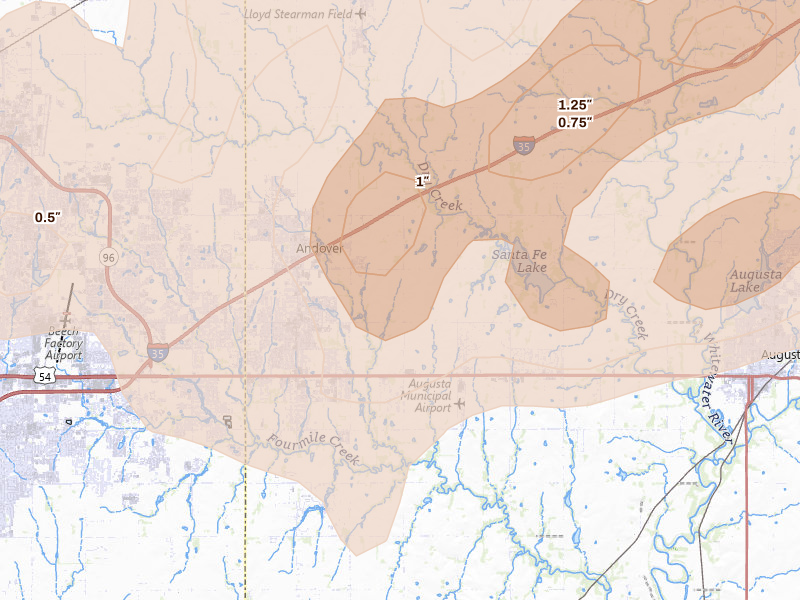 Radar-estimated hail-size map of the storm over Andover, KS on Apr 23, 2026