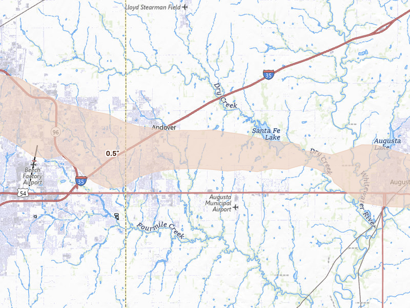 Radar-estimated hail-size map of the storm over Andover, KS on May 4, 2026