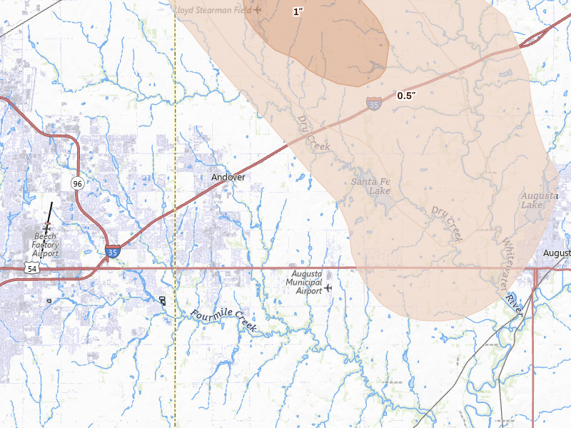 Radar-estimated hail-size map of the storm over Andover, KS on Jun 25, 2026