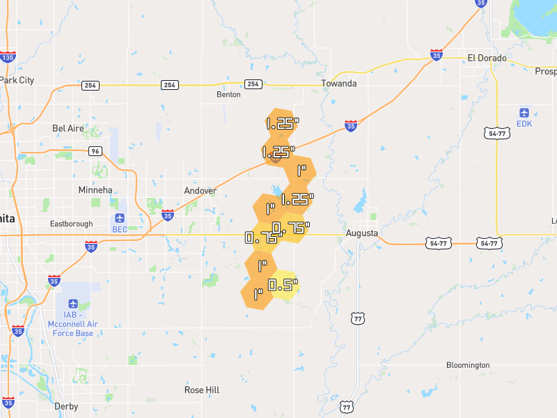 Hail map of Andover, KS on Jun 26, 2026, hail up to 1.25"