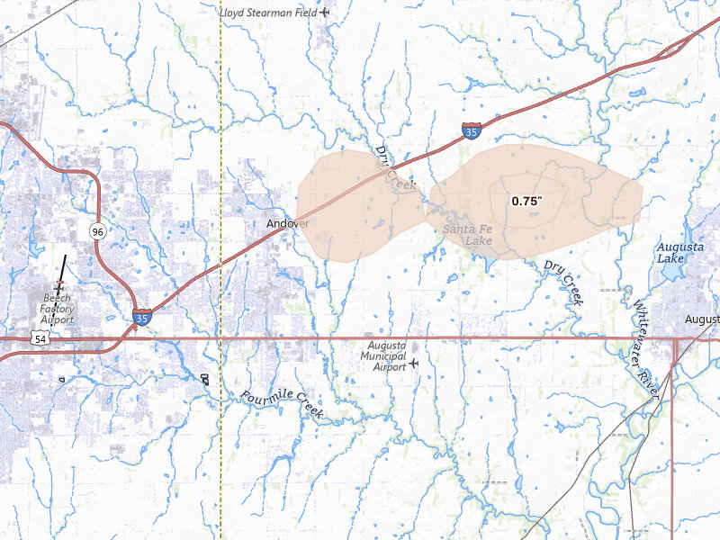 Radar-estimated hail-size map of the storm over Andover, KS on Aug 7, 2026