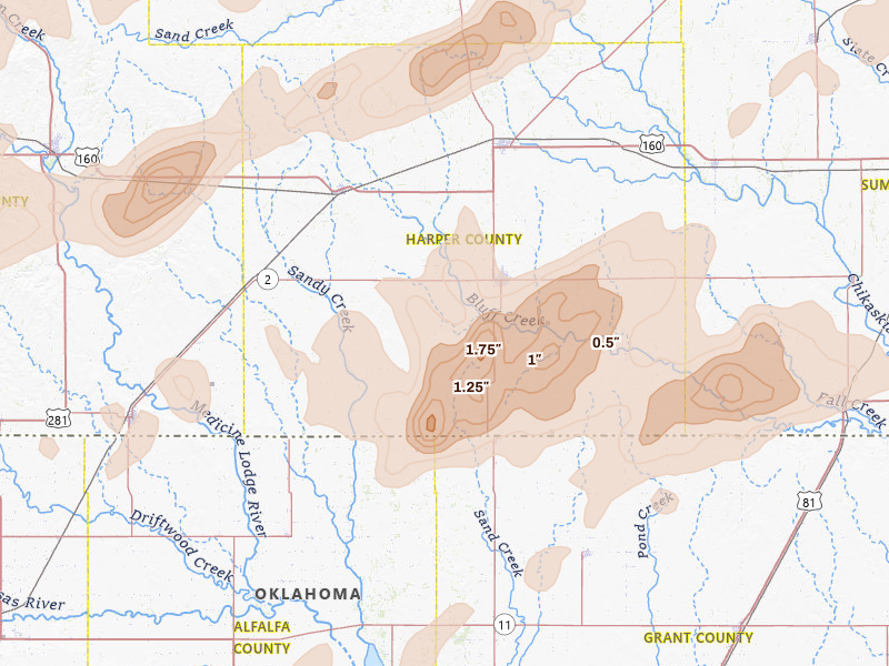 Radar-estimated hail-size map of the storm over Anthony, KS on Mar 10, 2026