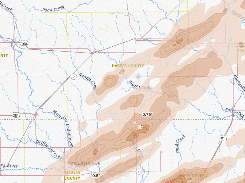 Radar-estimated hail-size map of the storm over Anthony, KS on Apr 17, 2026