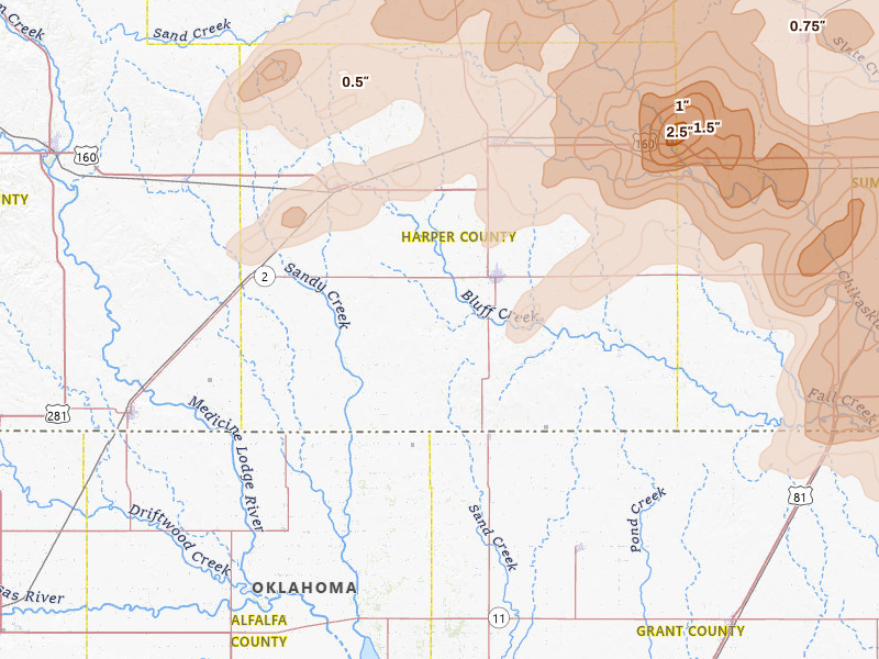 Radar-estimated hail-size map of the storm over Anthony, KS on May 18, 2026