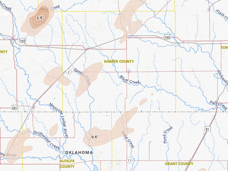 Radar-estimated hail-size map of the storm over Anthony, KS on May 29, 2026