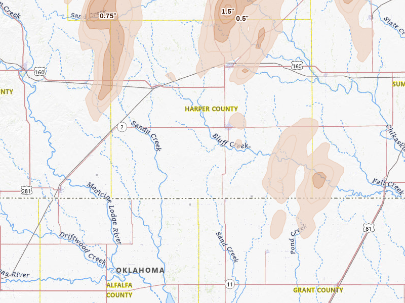 Radar-estimated hail-size map of the storm over Anthony, KS on May 30, 2026