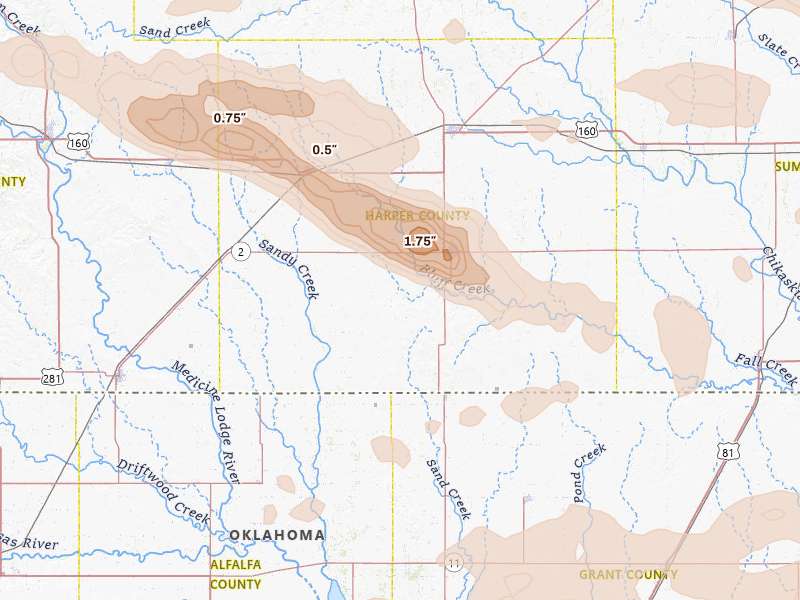 Radar-estimated hail-size map of the storm over Anthony, KS on Jun 18, 2026