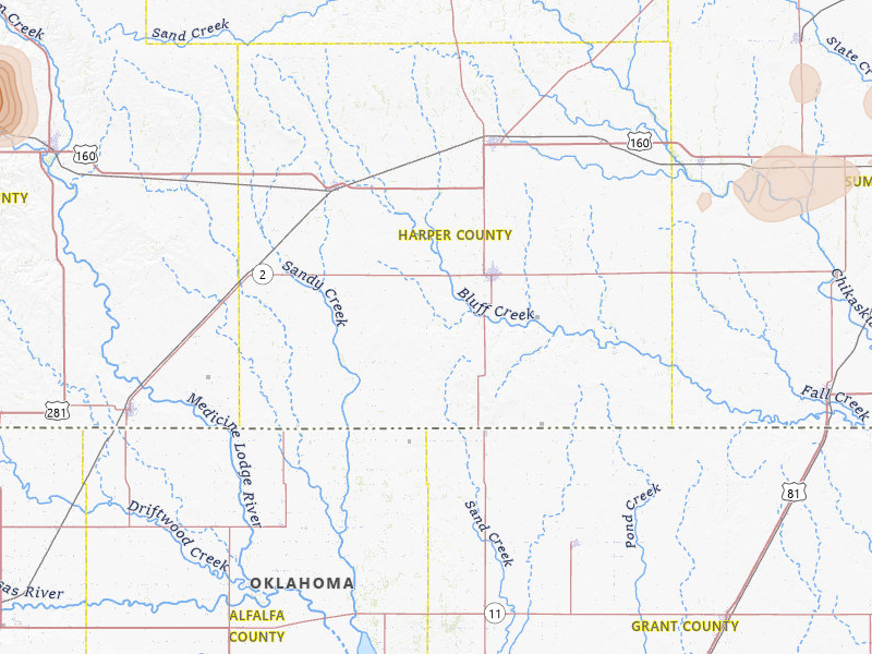 Radar-estimated hail-size map of the storm over Anthony, KS on Jul 9, 2026