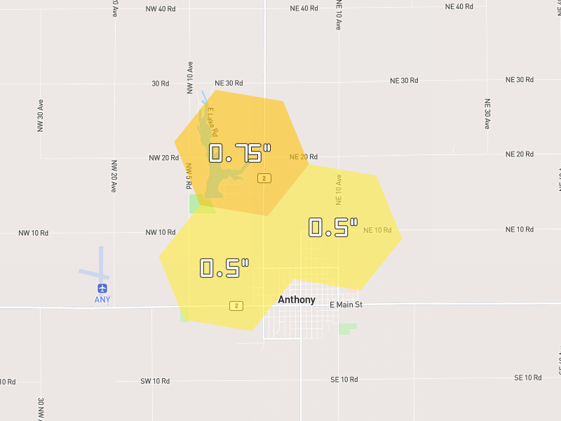 Hail map of Anthony, KS on Jul 9, 2026, hail up to 0.75"