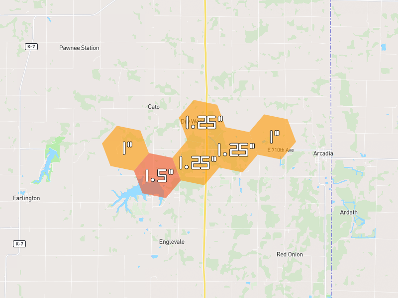 Hail map of Arcadia, KS on Jul 11, 2026, hail up to 1.5"