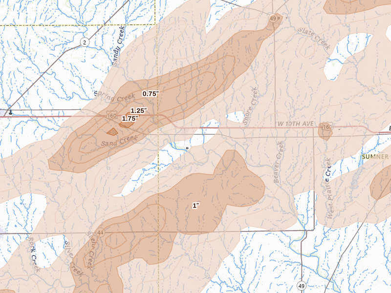 Radar-estimated hail-size map of the storm over Argonia, KS on Apr 17, 2026