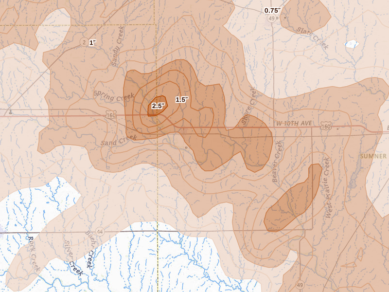 Radar-estimated hail-size map of the storm over Argonia, KS on May 18, 2026