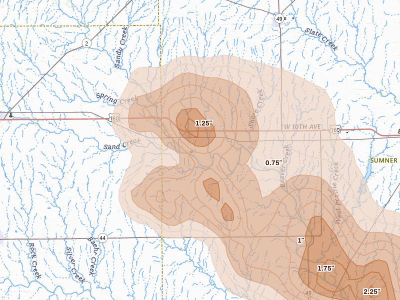 Radar-estimated hail-size map of the storm over Argonia, KS on Jul 4, 2026