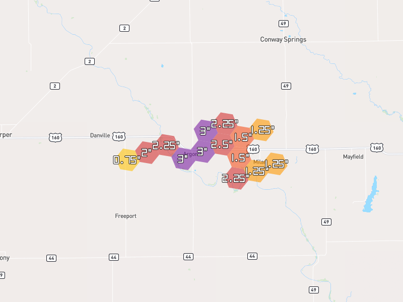 Hail map of Argonia, KS on Jul 4, 2026, hail up to 3"