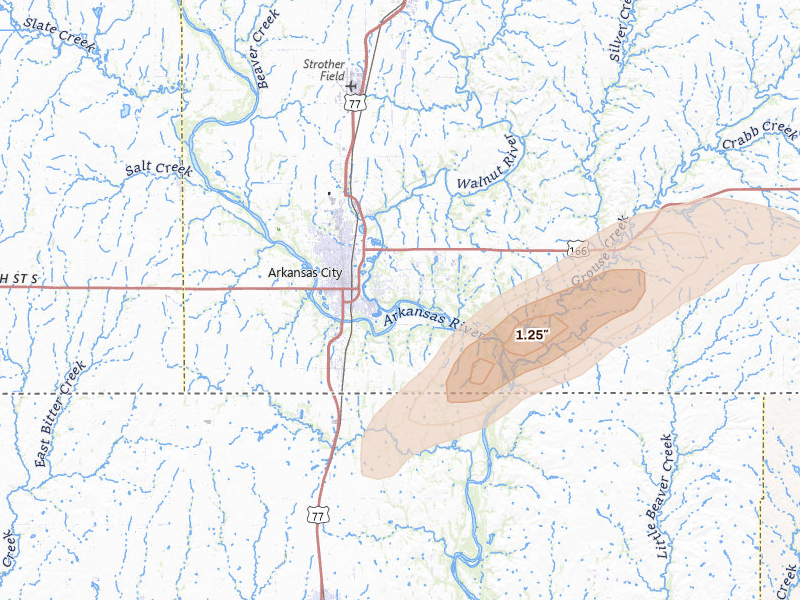 Radar-estimated hail-size map of the storm over Arkansas City, KS on Apr 3, 2026