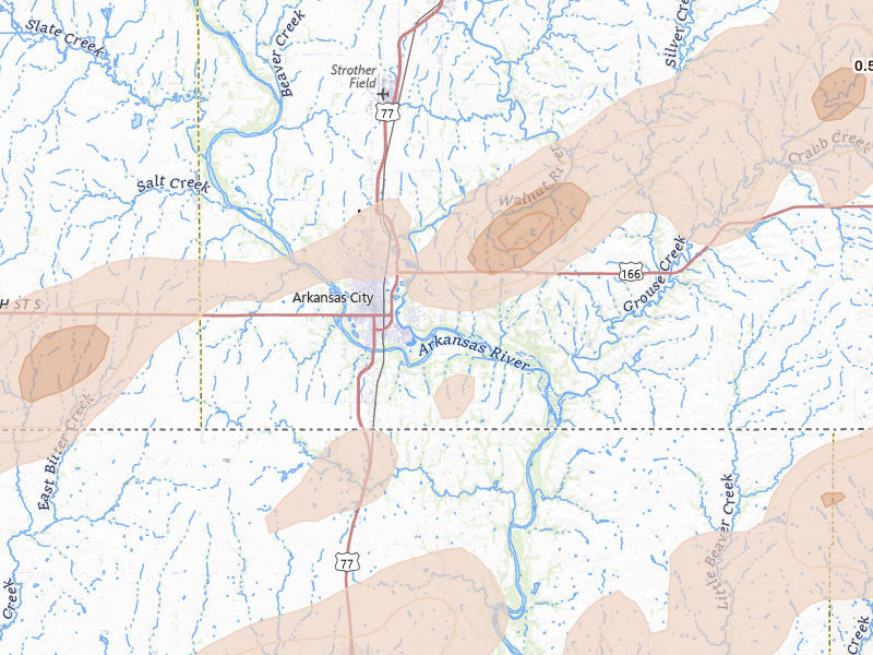 Radar-estimated hail-size map of the storm over Arkansas City, KS on Apr 17, 2026