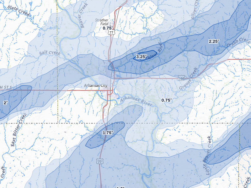 NEXRAD radar-signature map of the hail over Arkansas City, KS