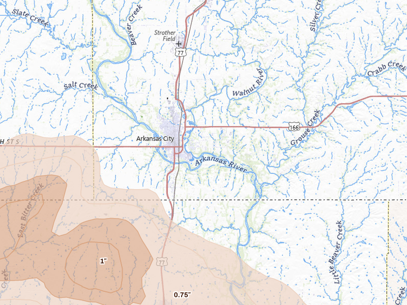 Radar-estimated hail-size map of the storm over Arkansas City, KS on Apr 23, 2026