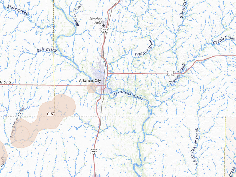 Radar-estimated hail-size map of the storm over Arkansas City, KS on Apr 26, 2026