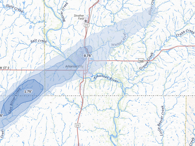 NEXRAD radar-signature map of the hail over Arkansas City, KS