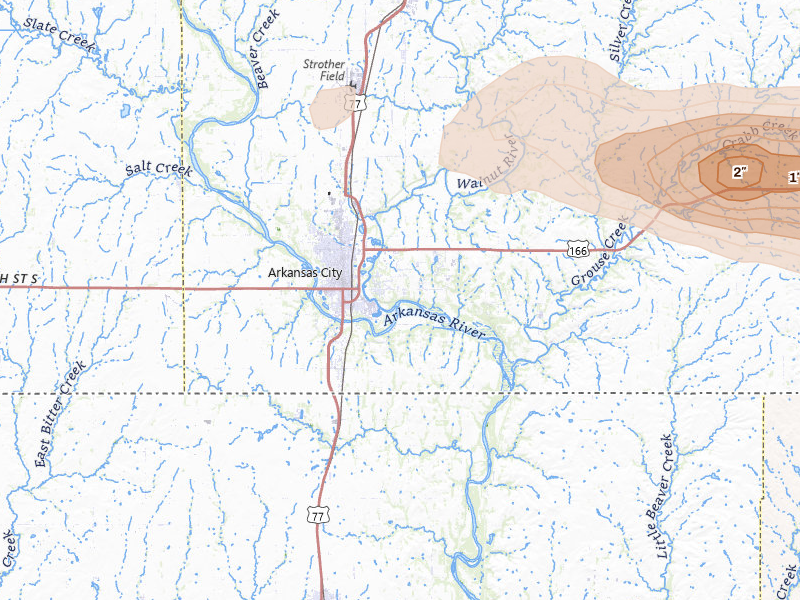 Radar-estimated hail-size map of the storm over Arkansas City, KS on May 4, 2026