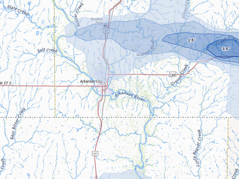 NEXRAD radar-signature map of the hail storm over Arkansas City, KS on May 4, 2026