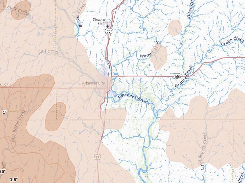 Radar-estimated hail-size map of the storm over Arkansas City, KS on May 18, 2026
