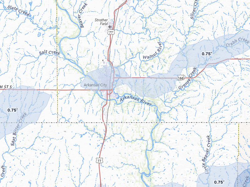 NEXRAD radar-signature map of the hail storm over Arkansas City, KS on May 29, 2026