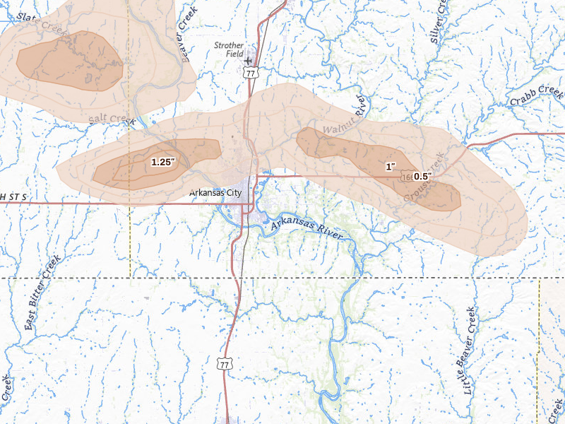 Radar-estimated hail-size map of the storm over Arkansas City, KS on Jun 17, 2026