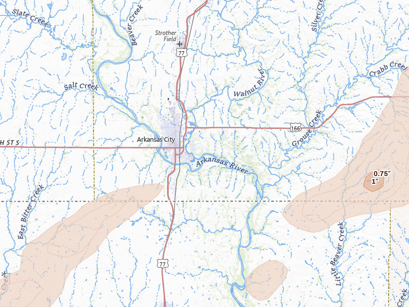 Radar-estimated hail-size map of the storm over Arkansas City, KS on Jun 26, 2026