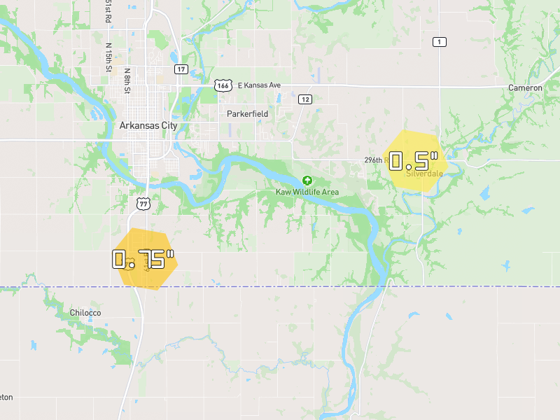 Hail map of Arkansas City, KS on Jun 27, 2026, hail up to 0.75"