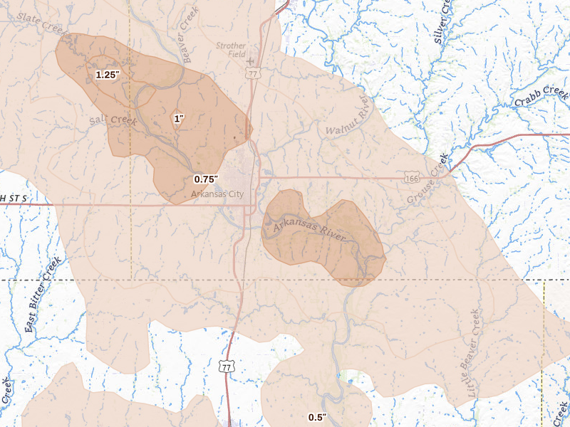 Radar-estimated hail-size map of the storm over Arkansas City, KS on Jul 4, 2026
