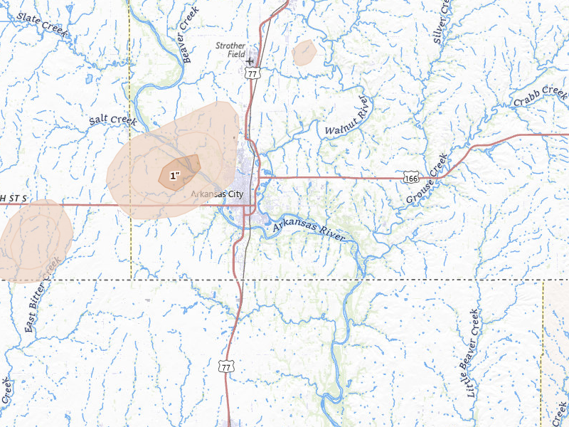 Radar-estimated hail-size map of the storm over Arkansas City, KS on Jul 11, 2026