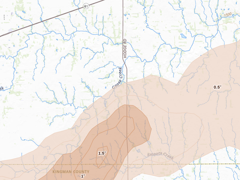 Radar-estimated hail-size map of the storm over Arlington, KS on Apr 11, 2026