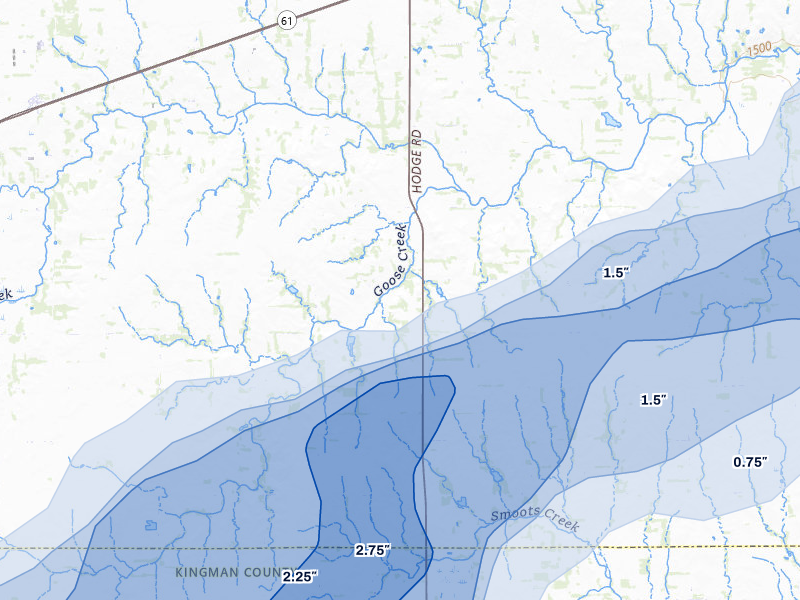 NEXRAD radar-signature map of the hail over Arlington, KS