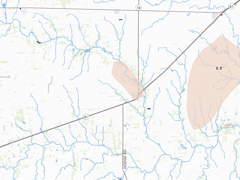 Radar-estimated hail-size map of the storm over Arlington, KS on Aug 13, 2026