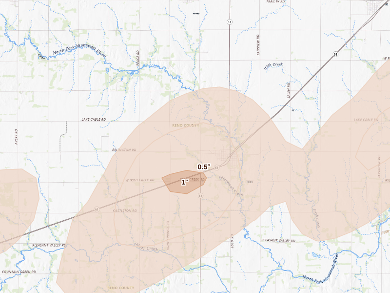 Radar-estimated hail-size map of the storm over Arlington, KS