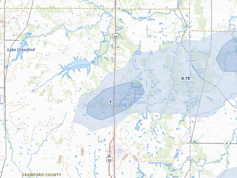 NEXRAD radar-signature map of the hail storm over Arma, KS on Apr 28, 2026