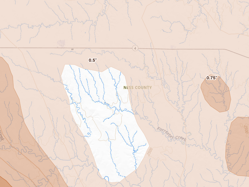 Radar-estimated hail-size map of the storm over Arnold, KS on Jun 20, 2026