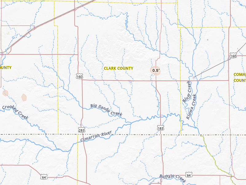 Radar-estimated hail-size map of the storm over Ashland, KS on May 21, 2026