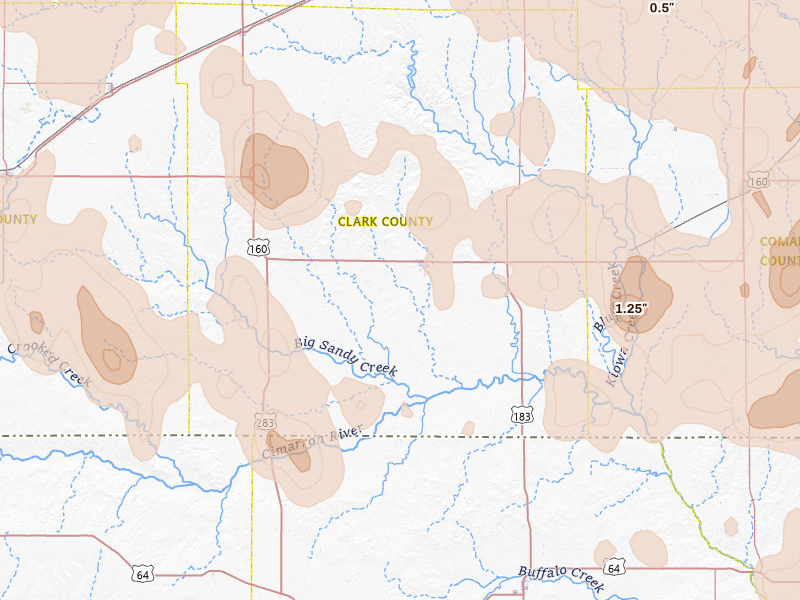 Radar-estimated hail-size map of the storm over Ashland, KS on Jun 1, 2026