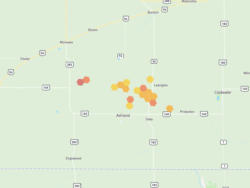 Hail map of Ashland, KS on Jun 2, 2026, hail up to 2.25"