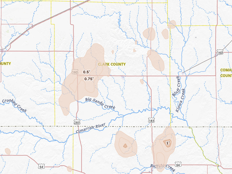 Radar-estimated hail-size map of the storm over Ashland, KS on Jun 3, 2026