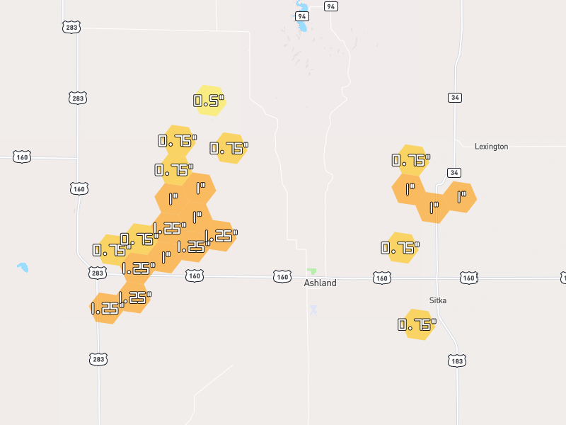 Hail map of Ashland, KS on Jun 3, 2026, hail up to 1.25"