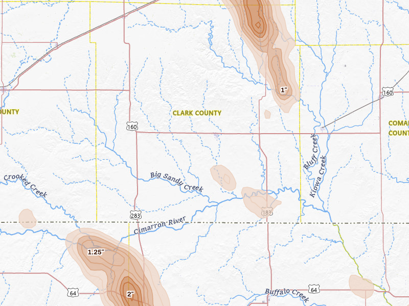 Radar-estimated hail-size map of the storm over Ashland, KS on Jun 16, 2026