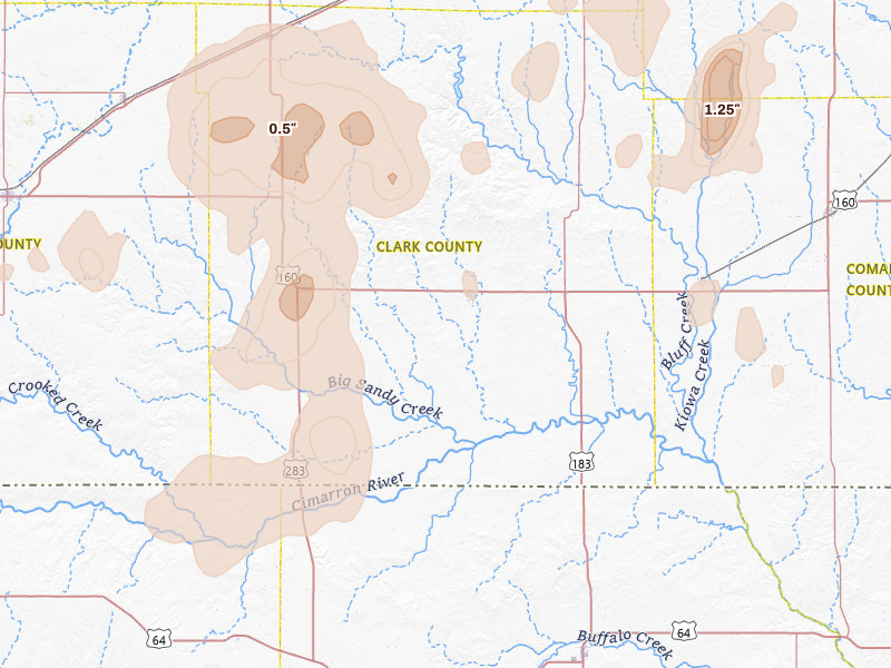 Radar-estimated hail-size map of the storm over Ashland, KS on Jul 23, 2026
