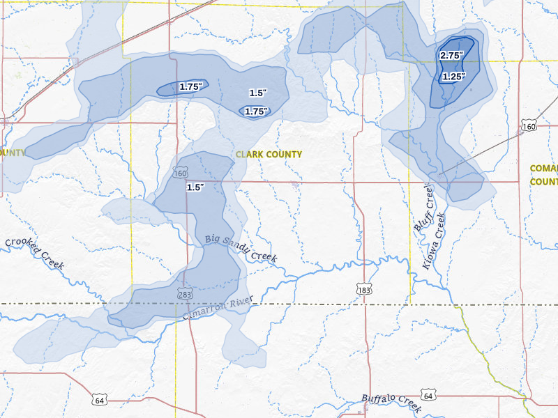 NEXRAD radar-signature map of the hail storm over Ashland, KS on Jul 23, 2026
