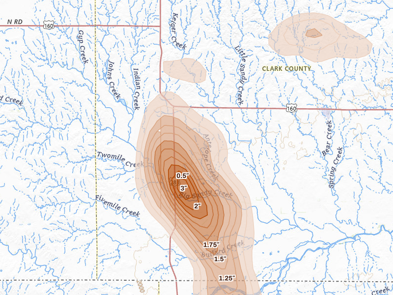 Radar-estimated hail-size map of the storm over Ashland, KS on Aug 6, 2026